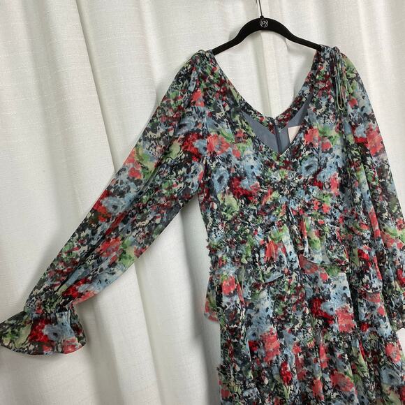 Cinq a Sept Blue Abstract Floral Lewis Tiered Mini Dress Sz.6 - Picture 8 of 15